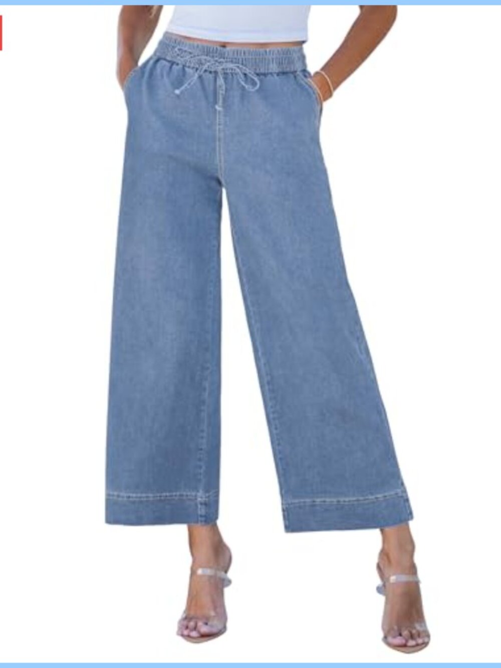 High Rise Wide Leg Cropped Pull On Jeans with Pockets Elastic Drawstring Waist